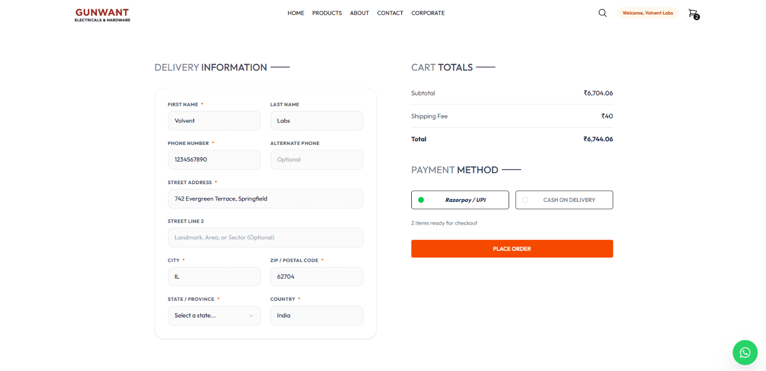 Gunwant Electricals inventory-safe checkout and Razorpay payment workflow
